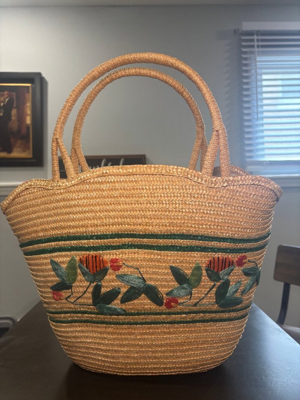 Vintage 1970s Floral Embroidered Straw Market Tote Bag - Boho Summer Beach Purse